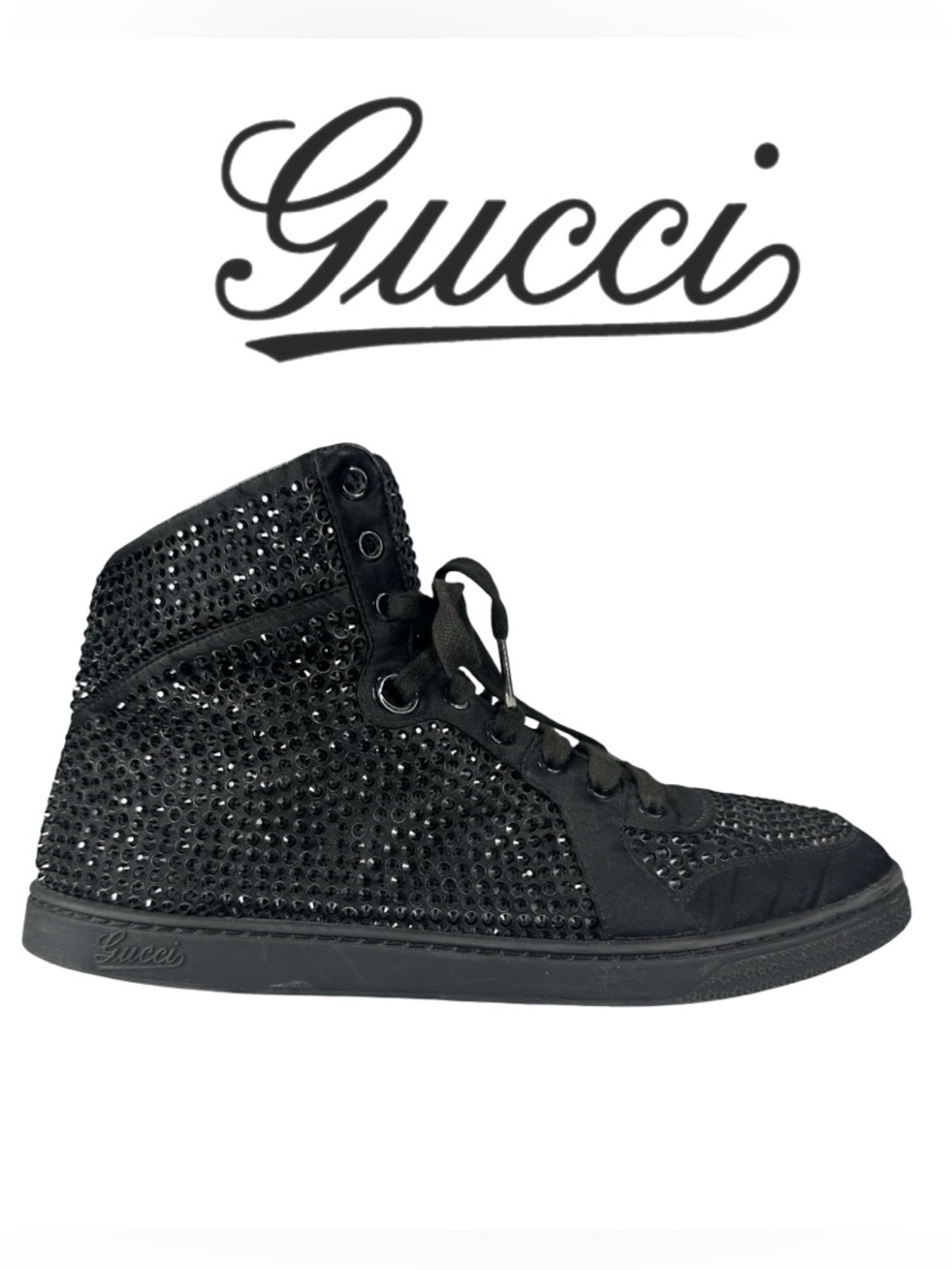 GUCCI Women’s Crystal Rhinestones Black high top Sneakers sz 9.5